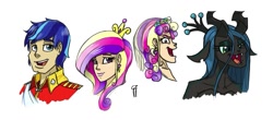 Size: 1247x547 | Tagged: safe, artist:glancojusticar, princess cadance, queen chrysalis, shining armor, anthro, changeling, human, disguise, disguised changeling, fake cadance, human facial structure, humanized