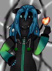 Size: 1700x2338 | Tagged: safe, artist:trinity-comettrail, queen chrysalis, anthro, changeling, changeling queen, clothes, crossover, kingdom hearts, solo, xemnas