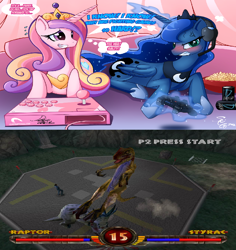 Size: 926x979 | Tagged: safe, artist:angriestangryartist, princess cadance, princess luna, alicorn, pony, 1999, arcade stick, dreamworks, energy drink, fight, game, gamer luna, interactive, jurassic park, megaraptor, playing, popcorn, styracosaurus, versus, video game, warpath: jurassic park