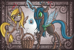 Size: 1008x686 | Tagged: safe, artist:raptor007, derpy hooves, queen chrysalis, changeling, changeling queen, pegasus, pony, basket, female, heart, magic, mare, muffin