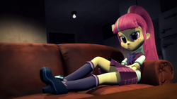 Size: 1920x1080 | Tagged: safe, artist:razethebeast, sour sweet, equestria girls, friendship games, 3d, bowtie, clothes, crossed arms, crystal prep academy uniform, freckles, looking at you, ponytail, school uniform, shoes, socks, sofa, solo, source filmmaker, unamused