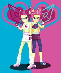 Size: 1024x1216 | Tagged: safe, artist:deannaphantom13, edit, majorette, sour sweet, equestria girls, belly button, clothes, cutie mark, exeron fighters, exeron gloves, freckles, gloves, leggings, long lost sisters, midriff, ponied up, shoes, similarities, skirt, socks, sports bra, sweetly and sourly, twin sisters