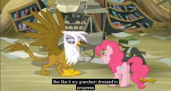 Size: 1600x855 | Tagged: safe, derpibooru import, screencap, gilda, pinkie pie, earth pony, griffon, pony, the lost treasure of griffonstone, meme, scone, youtube caption