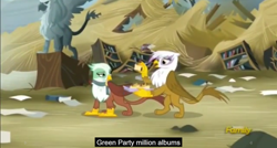 Size: 1600x855 | Tagged: safe, derpibooru import, screencap, gilda, greta, griffon, the lost treasure of griffonstone, meme, scone, statue, youtube caption