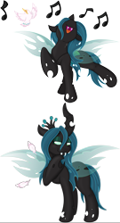 Size: 4000x7386 | Tagged: safe, artist:joey darkmeat, artist:spier17, queen chrysalis, bird, changeling, changeling queen, eaten alive, feather, predation, singing, solo, vore