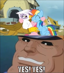 Size: 650x737 | Tagged: safe, derpibooru import, edit, edited screencap, screencap, gilda, pinkie pie, rainbow dash, earth pony, griffon, pegasus, pony, the lost treasure of griffonstone, bison yes, female, hug, it has finally happened, m. bison, mare, smiling, street fighter, street fighter: the animated series