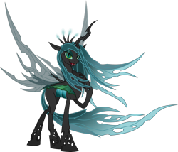 Size: 3950x3386 | Tagged: safe, artist:nemesis360, queen chrysalis, changeling, changeling queen, bedroom eyes, fangs, female, looking at you, open mouth, smiling, solo, spread wings