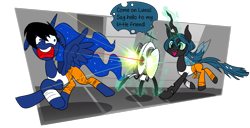 Size: 1280x655 | Tagged: safe, artist:jokerpony, princess luna, queen chrysalis, alicorn, changeling, changeling queen, pony, ask teen chrysalis, female, mare, parody, portal 2, say hello to my little friend, scarface, tumblr, turret