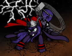 Size: 2376x1836 | Tagged: safe, artist:selenophile, princess luna, alicorn, pony, angry, cape, clothes, hammer, helmet, lightning, mjölnir, solo, thor