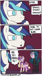 Size: 991x1805 | Tagged: safe, artist:timsplosion, princess cadance, queen chrysalis, shining armor, alicorn, changeling, changeling queen, pony, unicorn, comic:shining armor is a goddamn moron, comic, dialogue, disguise, disguised changeling, fake cadance, female, funny, male, mare, mask, no pupils, paper-thin disguise, seems legit, shining armor is a goddamn moron, speech bubble, spot the imposter, spy, stallion, stupidity, team fortress 2, this will end in a night on the couch, too dumb to live