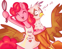 Size: 3300x2600 | Tagged: safe, artist:inkeed, derpibooru import, gilda, pinkie pie, earth pony, griffon, pony, the lost treasure of griffonstone, baking, help me, kiss the cook