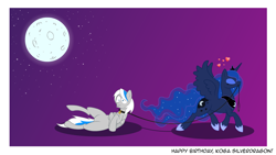 Size: 2400x1350 | Tagged: safe, artist:foxdeimos, princess luna, oc, alicorn, pony, canon x oc, heart, leash, moon, night, pet tag, stars