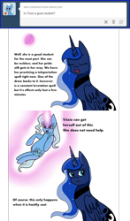 Size: 588x1000 | Tagged: safe, artist:llulabeee, princess luna, trixie, alicorn, pony, ask, comic, lunaandtrixie, magic, tumblr