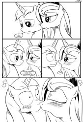 Size: 1094x1619 | Tagged: safe, artist:cs, princess luna, shining armor, alicorn, pony, unicorn, comic:day-off, bedroom eyes, blushing, comic, eye contact, eyes closed, female, heart, infidelity, kissing, male, monochrome, shiningluna, shipping, straight, surprise kiss, surprised, wide eyes