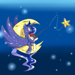 Size: 3500x3500 | Tagged: safe, artist:joycall6, pipsqueak, princess luna, alicorn, pony, female, fishing, lunapip, male, moon, shipping, stars, straight, tangible heavenly object