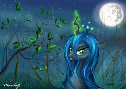 Size: 3509x2480 | Tagged: safe, artist:marikyt, queen chrysalis, changeling, changeling queen, female, full moon, magic, mare in the moon, moon, night, solo, stars