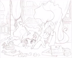 Size: 4675x3784 | Tagged: safe, artist:methos-diw, princess luna, tiberius, alicorn, pony, absurd resolution, balcony, board game, book, bookshelf, both cutie marks, butt shake, cookie, cute, face down ass up, grayscale, looking up, lunabetes, monochrome, mouth hold, nose wrinkle, plot, smiling, traditional art
