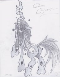 Size: 2544x3280 | Tagged: safe, artist:digitaldomain123, queen chrysalis, changeling, changeling queen, blushing, bugbutt, butt, monochrome, plot, sketch, smiling, solo, traditional art