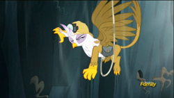 Size: 1920x1080 | Tagged: safe, derpibooru import, screencap, gilda, griffon, the lost treasure of griffonstone, abysmal abyss, claws, discovery family logo, eyes closed, hard hat, hat, rope, solo
