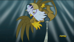 Size: 1920x1080 | Tagged: safe, derpibooru import, screencap, gilda, griffon, the lost treasure of griffonstone, abysmal abyss, discovery family logo, falling, hard hat, hat, rope, scared, solo