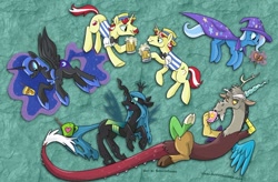 Size: 968x635 | Tagged: safe, artist:spainfischer, discord, flam, flim, nightmare moon, queen chrysalis, trixie, changeling, changeling queen, antagonist, cup, cup art, drink, flim flam brothers, sketch dump