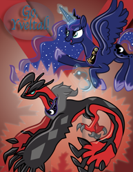 Size: 2545x3295 | Tagged: safe, artist:inkrose98, princess luna, alicorn, pony, awesome, badge, crossover, flying, magic, pointing, pokéball, pokémon, smiling, spread wings, yveltal