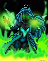 Size: 2510x3182 | Tagged: dead source, safe, artist:pinkanon, queen chrysalis, human, fangs, fire, glow, glowing eyes, humanized, pony coloring, solo