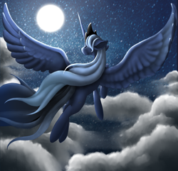 Size: 2160x2084 | Tagged: safe, artist:wingedwolf94, princess luna, alicorn, pony, cloud, cloudy, eyes closed, flying, full moon, missing cutie mark, moon, night, night sky, sky, solo, stars