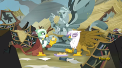 Size: 1908x1071 | Tagged: safe, derpibooru import, screencap, gilda, greta, king grover, griffon, the lost treasure of griffonstone, clothes, eating, griffon scone, griffonstone, scarf, scone, statue