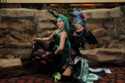 Size: 1280x853 | Tagged: safe, artist:kyuu-vixen-cosplay, artist:lochlan o'neil, artist:white-crow-crafts, nightmare moon, queen chrysalis, human, antagonist, cosplay, irl, irl human, photo, rotlcon