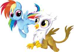 Size: 600x425 | Tagged: safe, artist:kaizerin, derpibooru import, gilda, rainbow dash, griffon, pegasus, pony, the lost treasure of griffonstone, chickub, filly