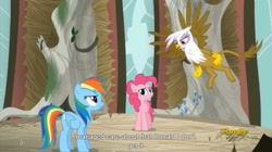 Size: 1277x713 | Tagged: safe, derpibooru import, screencap, gilda, pinkie pie, rainbow dash, earth pony, griffon, pegasus, pony, the lost treasure of griffonstone, meme, youtube caption