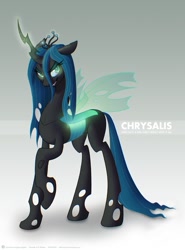 Size: 1300x1757 | Tagged: safe, artist:indivicolours, queen chrysalis, changeling, changeling queen, fangs, female, glowing eyes, magic, pose, quote, solo