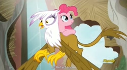 Size: 1278x712 | Tagged: safe, derpibooru import, screencap, gilda, pinkie pie, earth pony, griffon, pony, the lost treasure of griffonstone, meme, youtube caption