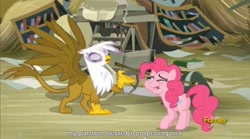 Size: 1279x713 | Tagged: safe, derpibooru import, screencap, gilda, pinkie pie, earth pony, griffon, pony, the lost treasure of griffonstone, griffon scone, meme, youtube caption