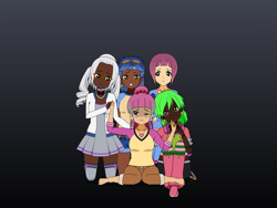 Size: 2000x1500 | Tagged: safe, artist:icey-wicey-1517 kisekae, indigo zap, lemon zest, sour sweet, sugarcoat, sunny flare, human, equestria girls, barefoot, boots, clothes, collar, comforting, crying, dark skin, diversity, ear piercing, earring, feet, glasses, headphones, humanized, jewelry, kisekae, necklace, one eye closed, panties, piercing, sad, shadow five, socks, stockings, striped socks, thigh highs, thong, underwear, worried