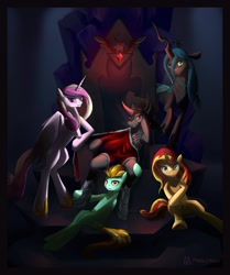 Size: 1091x1306 | Tagged: safe, artist:marbleyarns, king sombra, lightning dust, princess cadance, queen chrysalis, sunset shimmer, alicorn, changeling, changeling queen, pony, alicorn amulet, antagonist, fanfic, king sombra gets all the mares, lucky bastard, throne, throne slouch