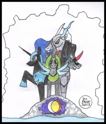 Size: 570x667 | Tagged: safe, artist:drpain, discord, king sombra, nightmare moon, queen chrysalis, changeling, changeling queen, pony, unicorn, cave, statue, super metroid