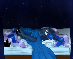 Size: 3000x2443 | Tagged: dead source, source needed, safe, artist:tkc, princess luna, alicorn, pony, bed, bedsheets, crown, female, hooves, jewelry, mare, regalia, solo, stare