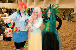 Size: 4288x2848 | Tagged: safe, fluttershy, queen chrysalis, rainbow dash, human, cosplay, irl, irl human, photo