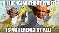 Size: 490x274 | Tagged: safe, derpibooru import, edit, screencap, gilda, grampa gruff, griffon, the lost treasure of griffonstone, caption, deep space nine, ferengi, image macro, meme, meta, quark (character), rules of acquisition, star trek, zek