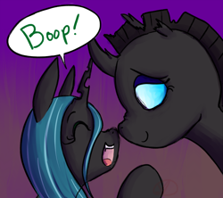 Size: 1000x888 | Tagged: safe, artist:ryuredwings, queen chrysalis, oc, changeling, changeling queen, nymph, boop, changeling oc, cute, cutealis, duo, duo female, eyes closed, female, filly queen chrysalis, gradient background, nose wrinkle, noseboop, ocbetes, open mouth, simple background, smiling