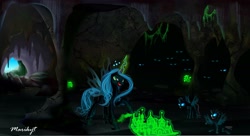 Size: 4629x2514 | Tagged: safe, artist:marikyt, queen chrysalis, changeling, changeling queen, canterlot, cave, eyes in the dark, glowing mushroom, magic, mushroom