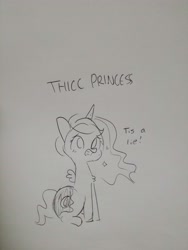 Size: 3120x4160 | Tagged: safe, artist:tjpones, princess luna, alicorn, pony, blushing, denial, female, grayscale, large butt, lineart, mare, monochrome, moonbutt, simple background, sitting, small wings, solo, text, thick, traditional art