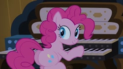 Size: 1200x673 | Tagged: safe, edit, edited screencap, screencap, pinkie pie, earth pony, pony, castle mane-ia, balloonbutt, female, looking at you, mare, musical instrument, organ, organ to the outside, plot, solo, the ass was fat, thicc ass, thick