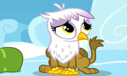 Size: 812x486 | Tagged: safe, derpibooru import, edit, screencap, gilda, griffon, the lost treasure of griffonstone, chickub, cloudsdale, cub, cute, frown, gildadorable, li'l gilda, looking up, sad, sitting, solo, wrong aspect ratio, younger