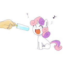 Size: 700x612 | Tagged: safe, artist:kuromozuku, sweetie belle, human, pony, unicorn, blushing, cute, diasweetes, disembodied hand, eyes closed, feeding, female, filly, food, hand, happy, ice cream, japanese, music notes, open mouth, pixiv, popsicle, sea salt ice cream, simple background, smiling, solo focus, white background