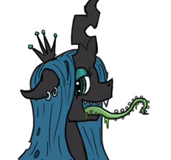 Size: 640x600 | Tagged: safe, artist:rainbow-dosh, queen chrysalis, changeling, changeling queen, drool, earring, eyeshadow, female, floppy ears, open mouth, piercing, smiling, solo, tongue out