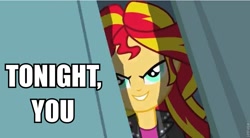 Size: 853x470 | Tagged: safe, sunset shimmer, equestria girls, equestria girls (movie), evil, evil grin, grin, image macro, shimmer peekaboo, solo, tonight you