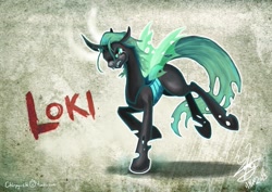 Size: 1191x842 | Tagged: safe, artist:chirpy-chi, queen chrysalis, changeling, changeling queen, angry, changelingified, crying, loki, marvel, solo